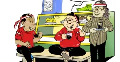 Ilustrasi suasana obrolan hangat di warteg jelang perayaan HUT RI. Tiga sahabat berdiskusi soal semangat nasionalisme sambil menikmati kopi, dengan semangat kemerdekaan yang tetap menyala meski keadaan serba sederhana. (Sumber: Poskota/Arif Setiadi)