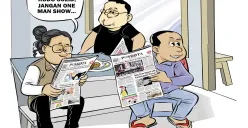 Ilustrasi obrolan warteg: Tiga sahabat membahas soliditas Kabinet Merah Putih. Salah satu dari mereka mengingatkan, "Kabinet itu kudu solid, jangan one man show…". (Sumber: Poskota/Arif Setiadi)