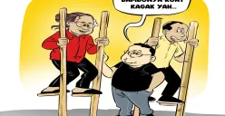 Ilustrasi obrolan warteg tentang lomba egrang, menggambarkan antusiasme sekaligus candaan tiga sahabat saat permainan tradisional kembali dihidupkan pada peringatan HUT ke-80 RI. (Sumber: Poskota/Arif Setiadi)