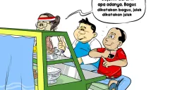 Ilustrasi obrolan warteg tiga sahabat, mengingatkan pentingnya pengawasan DPR yang objektif—bagus dikatakan bagus, jelek dikatakan jelek. (Sumber: Poskota/Arif Setiadi)
