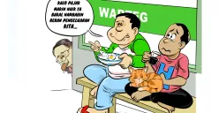 Ilustrasi obrolan di warteg, warga mengeluhkan kenaikan PBB yang dinilai menambah beban pengeluaran masyarakat. (Sumber: Poskota/Arif Setiadi)