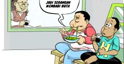 Ilustrasi obrolan warteg membahas praktik politik uang di Indonesia, yang disebut kian masif dan tak lagi sebatas “serangan fajar” melainkan “serangan membabi buta”. (Sumber: Poskota/Arif Setiadi)