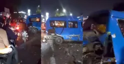 Kondisi angkot berbahan bakar gas (BBG) yang meledak di Jalan Mayor Oking, Citeureup, Bogor. Bagian belakang kendaraan tampak ringsek dan kaca pecah setelah insiden pada Minggu, 24 Agustus 2025, malam. (Sumber: Instagram/@cibinongviral)