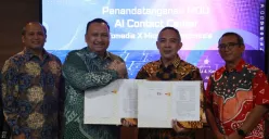 Direksi Microsoft Indonesia, PT Infomedia, Telkom saat acara penandatanganan kolaborasi AI Contact Center di Jakarta (Sumber: Dok. Telkom)