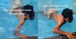 Momen seorang remaja asyik berenang di rumah Ahmad Sahroni yang tengah dijarah massa. (Sumber: TikTok/@patrickismynamee)
