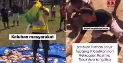 Cuplikan video viral warga memunguti beras dan bantuan logistik yang rusak setelah paket airdrop dijatuhkan dari helikopter. Sejumlah karung beras terlihat sobek dan isinya berserakan di tanah. (Sumber: X/@abu_waras)