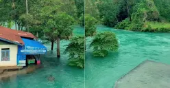Pasca banjir Sumatra 2025, Sungai Ombilin di Sumbar mendadak jernih berwarna biru kehijauan mirip di Swiss. (Sumber: TikTok/@furqannnn09)