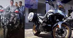 Menkeu Purbaya Yudhi Sadewa mencoba motor patroli pengawalan (Patwal), BMW R 1300 GS. (Sumber: Dok. Istimewa)