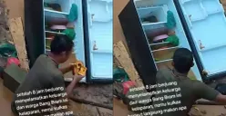 Seorang warga bernama Bram memakan makanan dari kulkas hanyut pasca banjir besar di Sumatera setelah berjam-jam membantu evakuasi warga, memantik simpati publik dan menjadi simbol ketahanan di tengah bencana. (Sumber: Instagram/@sharpandshark)