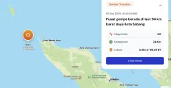 Gempa terkini 4,6 M guncang Sabang Aceh, 10 Desember 2025 pukul 14:43 WIB. (Sumber: bmkg.go.id)