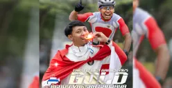 Perolehan medali emas Indonesia ke-8 di Sea Games 2025 oleh Rendy Sanjaya cabor MTB. (Sumber: Instagram/@icf_cycling)