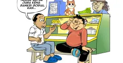 Ilustrasi obrolan di tempat makan menyoroti penerapan sanksi sosial, digambarkan lewat tiga sahabat yang berdiskusi soal kewajiban membayar utang di warteg. (Sumber: Poskota/Arif Setiadi)