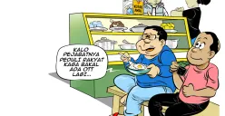 Ilustrasi obrolan di warteg, tiga sahabat membahas bahwa pejabat yang benar-benar peduli rakyat tidak akan terjerat OTT, menggambarkan keresahan publik atas maraknya kasus korupsi kepala daerah. (Sumber: Poskota/Arif Setiadi)