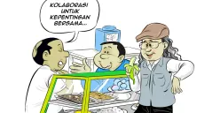 Ilustrasi obrolan tiga sahabat di warteg yang menggambarkan diskusi santai namun kritis tentang kolaborasi, kepentingan bersama, dan pentingnya menanggalkan ego sektoral demi tujuan bersama. (Sumber: Poskota/Arif Setiadi)