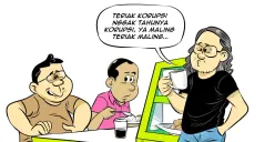 Ilustrasi obrolan warteg tiga sahabat yang menyoroti ironi sikap tokoh yang lantang mengutuk korupsi, namun justru terjerat praktik korupsi, sebagai refleksi pentingnya pengamalan nilai Pancasila dalam kehidupan nyata. (Sumber: Poskota/Arif Setiadi)