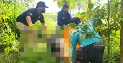 Petugas polisi mengevakuasi jasad pria yang ditemukan tergeletak di perkebunan milik warga di Kampung Cihuni, Kabupaten Purwakarta, Rabu, 17 Desember 2025. (Sumber: Istimewa)