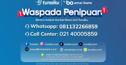 Informasi kontak resmi Tunaiku by Amar Bank yang ditampilkan sebagai imbauan waspada penipuan, meliputi layanan WhatsApp, call center, media sosial resmi, email, dan alamat kantor. (Sumber: Istimewa)