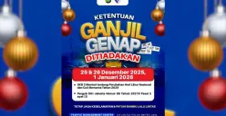 Ganjil genap tidak berlaku di Jakarta pada 25 dan 26 Desember 2025 serta 1 Januari 2026. Baca pengumuman resmi TMC Polda Metro Jaya dan antisipasi kepadatan lalu lintas. (Sumber: Instagram/@tmcpoldametro)