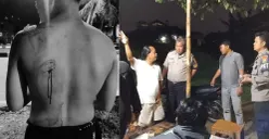 Keadaan punggung korban terluka bacok senjata tajam sama pelaku begal langsung dicek TKP sama anggota. (Sumber: Dok. Polsek Sukmajaya)