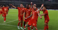 Pemain Persija Jakarta merayakan gol ke gawang Bhayangkara Presisi Lampung pada laga Super League 2025/2026 di Stadion Utama Gelora Bung Karno, Jakarta. (Sumber: Poskota/Bilal)