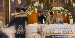 Momen saat pengantin mendapatkan kado umrah gratis dari tamu undangan. (Sumber: Tangkap Layar TikTok/umambento)