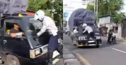 Petugas Dishub Kota Depok menempel di kaca depan mobil pikap yang membawa muatan lebih. (Sumber: Tangkap Layar Instagram/@folskhitt)