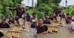 Direktur Utama PDAM di Bangkalan menuai kritikan dari netizen seusai naik rakit didorong oleh warga saat melintasi banjir. (Sumber: Tangkap Layar Instagram/@mood.jakarta, @medsos_rame)