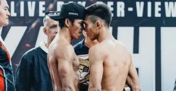 Kkajhe dan Aziz Calim berpose saat sesi Weigh-In Byon Combat Vol. 5. (Sumber: Instagram/@byoncombat)