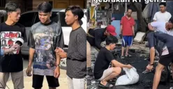 Sahdan Arya Maulana (tengah) bersama Vemmas Wahyu Rianto dan Riski Saputra saat proses pengecoran jalan rusak di Rawa Badak Selatan, Jakarta Utara. (Sumber: Tiktok/@rusaput1h)
