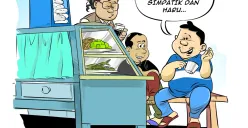 Ilustrasi tiga orang di warung kopi, salah satunya berkata, “Harus pintar akting biar pada simpatik dan haru...” Kartun ini menyindir perilaku pencitraan demi menarik simpati publik. (Sumber: Poskota/Arif Setiadi)