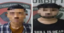 Kedua tersangka pengedar sabu jaringan lapas saat diamankan di Mapolda Banten. Salah satu tersangka diserahkan keluarga sendiri. (Sumber: Polda Banten)