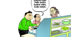Dua pria tengah berbincang santai di warteg sambil menyantap makanan. Salah satu dari mereka menyindir pejabat dengan kalimat, "Jangan pura-pura budeg, giliran viral baru heboh." (Sumber: Poskota/Arif Setiadi)