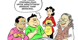 Empat orang berbincang santai di warung makan sambil menikmati kudapan. Salah satu dari mereka menyuarakan pentingnya mengembalikan pelajaran PMP untuk membentuk generasi yang bermoral. (Sumber: Poskota/Arif Setiadi)