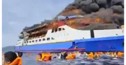 Kebakaran menimpa KM Barcelona 5 di perairan Pulau Talise, Minahasa Utara, Sulawesi Utara. (Sumber: X/@JohnCremeansX)