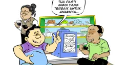 Dua pria berbincang santai di warteg sambil menyeruput kopi, membahas perjuangan orangtua demi anak. Di latar belakang, seorang lainnya berdiri sambil memegang minuman. (Sumber: Poskota/Arif Setiadi)