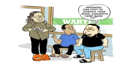 Obrolan santai di warteg membahas hubungan politik antara Gerindra dan PDIP yang diibaratkan seperti adik dan kakak. Ketiganya penasaran, siapa sebenarnya sang kakak dan siapa sang adik? (Sumber: Poskota/Arif Setiadi)