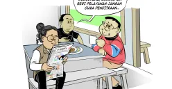 Ilustrasi obrolan warteg tiga sahabat yang menyinggung soal pentingnya pemimpin yang konsisten melayani rakyat, bukan sekadar pencitraan. Kritik tajam disampaikan sambil santai minum kopi dan membaca koran. (Sumber: Poskota/Arif Setiadi)