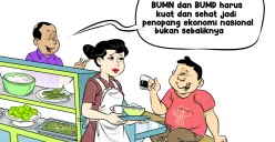 Obrolan santai di warteg: Dua sahabat berdiskusi soal pentingnya BUMN dan BUMD yang kuat serta sehat sebagai penopang ekonomi nasional, bukan sebaliknya. (Sumber: Poskota/Arif Setiadi)