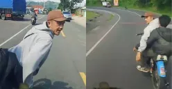 Tangkapan layar video viral pengendara motor stop sopir truk di Jalan Raya Bandung-Garut. (Sumber: Istimewa)
