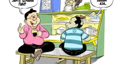 Bapak-bapak sedang ngobrol santai di warteg sambil membahas jam masuk sekolah yang terlalu pagi. (Sumber: Poskota/Arif Setiadi)