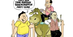 Ilustrasi - Tiga pria sedang bercengkerama di dekat seekor sapi kurban. Salah satu dari mereka melontarkan sindiran tajam bertuliskan, “Kalo ada yang kurban 1000 koruptor pasti seru,”. (Sumber: Poskota/Arif Setiadi)