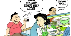 Ilustrasi obrolan di warteg yang menyindir praktik eksploitasi sumber daya alam secara berlebihan. "Kalau dikeruk terus bisa ludes," celetuk salah satu pengunjung sambil menyeruput kopi. (Sumber: Poskota/Arif Setiadi)