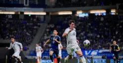 Pemain Timnas Indonesia Ole Romeny saat pertandingan melawan Jepang di Stadion Panasonic Suita pada Selasa, 10 Juni 2025. (Sumber: Instagram/@republikindonesia)