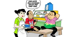 Ilustrasi obrolan santai sahabat di warteg. Seorang pria berbaju merah menyampaikan pandangan soal pentingnya menghindari ikut campur alias cawe-cawe dalam politik, sambil menikmati kopi hitam. (Sumber: Poskota/Arif Setiadi)