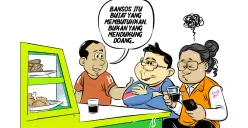 Ilustrasi obrolan warteg yang menyentil praktik tidak adil dalam penyaluran bantuan sosial (bansos) di desa. Seorang warga menyuarakan pendapat bahwa bansos seharusnya diberikan kepada yang membutuhkan. (Sumber: Poskota/Arif Setiadi)