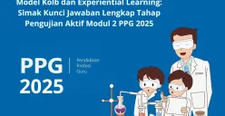 Ilustrasi guru dan siswa sedang melakukan eksperimen sains di laboratorium menggambarkan tahap Pengujian Aktif dalam siklus Kolb. (Sumber: Poskota/Yusuf Sidiq)