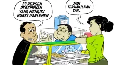 Pelanggan warteg menyebut 22 persen kursi parlemen diisi perempuan. Penjaga warteg menanggapi dengan kalimat, "Jadi terwakilkan yah..." (Sumber: Poskota/Arif Setiadi)