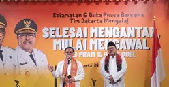 Gubenur Jakarta, Pramono Anung dan Wakil Gubernur Jakarta, Rano Karno saat membubarkan tim transisi di kawasan Jakarta Pusat, Sabtu, 8 Maret 2025. (Sumber: Poskota/Pandi Ramedhan)