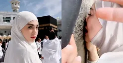 Resmi menjadi mualaf, Celine Evangelista bagikan momen haru saat umrah di Tanah Suci. (Sumber: Kolase/Fotojet)