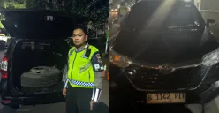  Petugas PJR Polda Metro Jaya saat mengamankan mobil yang dipakai untuk mengangkut ban serep truk curian di Tol Halim. (Sumber: Dok. Humas Polda Metro Jaya)